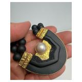 18K Designer Gold Pendant Necklace w/Mabe Pearl & Black Onyx Beads