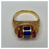 14K Gold Ring - Set w/Rubies & Lapis - Ornate Filigree Goldwork - Size 6.5