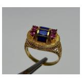 14K Gold Ring - Set w/Rubies & Lapis - Ornate Filigree Goldwork - Size 6.5