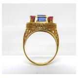 14K Gold Ring - Set w/Rubies & Lapis - Ornate Filigree Goldwork - Size 6.5