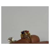 14K Gold Ring - Set w/Rubies & Lapis - Ornate Filigree Goldwork - Size 6.5