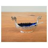 35-grams Viking Ship theme Sterling Silver Salt Cellar (Norway) 3 1/2" x 1 3/4" with Cobalt Blue Glass Insert and Matching Spoon