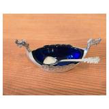 35-grams Viking Ship theme Sterling Silver Salt Cellar (Norway) 3 1/2" x 1 3/4" with Cobalt Blue Glass Insert and Matching Spoon