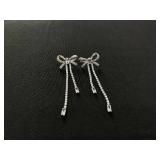 HEYMAEVE CUBIC ZIRCONIA 18K GOLD PLATED SILVER BOW LINEAR DROP EARRINGS 2"