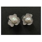 Adina Eden Pave Three Petal Imitation Pearl Stud Earring
