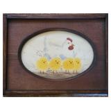 Sweet Hen and Chicks Watercolor Framed Art signed Wells 