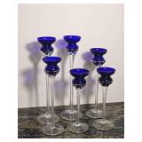 Set of Six Cobalt Blue Cut Crystal Stem Candleholders