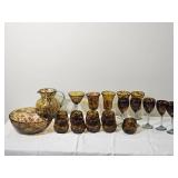 Large Tortoiseshell Art Glass Entertaining Set with Pitcher, Bowl & Mixed Stemware