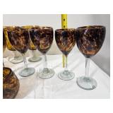 Large Tortoiseshell Art Glass Entertaining Set with Pitcher, Bowl & Mixed Stemware