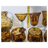 Large Tortoiseshell Art Glass Entertaining Set with Pitcher, Bowl & Mixed Stemware