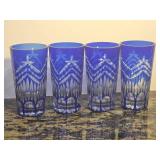 Set of Four Bohemian Cut Glass Cobalt 6-Inch Tumblers