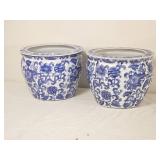 Pair of Blue & White Chinoiserie Floral Porcelain Planters