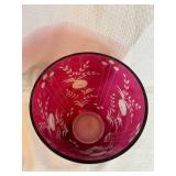 Cranberry Glass Etched Floral Tumbler