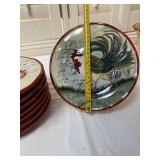 Rooster Motif Red Rim Salad Plates Set