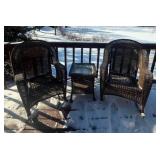 Outdoor Wicker Patio Chair & Rocker with Glass Top Side Table Set