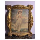 Ornate Gold Framed Portrait Style Print of Young Girl in Ribbon Hat