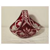 Ruby Red Cut Crystal Handled Basket Bowl
