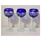 Cobalt Blue Cut Crystal Wine Goblets Set of Three