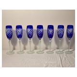 Cobalt Blue Cut Crystal Champagne Flutes Set of Seven