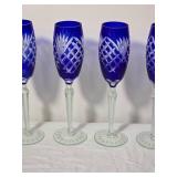 Cobalt Blue Cut Crystal Champagne Flutes Set of Seven