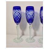 Cobalt Blue Cut Crystal Champagne Flutes Set of Seven