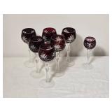 Deep Ruby Cut Crystal Goblets with Matching Cordial Glass