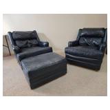 Navy Leather Lounge Chair Set with Ottoman