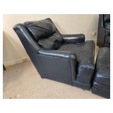 Navy Leather Lounge Chair Set with Ottoman