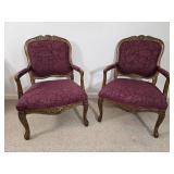 Pair of Burgundy Upholstered Carved Wood Armchairs
