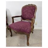 Pair of Burgundy Upholstered Carved Wood Armchairs
