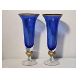 Pair of Tall Cobalt Blue and Gold Rim Art Glass Vases - Block