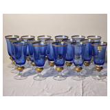 Large Set of Cobalt Blue Goblets with Gold Band Stems - Block