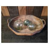 3 True Vintage Glass Blown Japanese Fishing Buoys with Basket