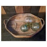 3 True Vintage Glass Blown Japanese Fishing Buoys with Basket