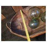3 True Vintage Glass Blown Japanese Fishing Buoys with Basket