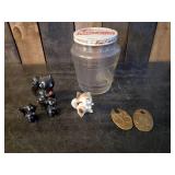 Cool lot of Vintage Things - Mid Modern Porcelain, Peanut Butter Jar, and Brass Cow Tags
