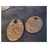 Cool lot of Vintage Things - Mid Modern Porcelain, Peanut Butter Jar, and Brass Cow Tags