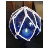 Seven Colored glass Fishnet Floats with Tea Lights inside w/ Antique Large Porcelain Wash Tub