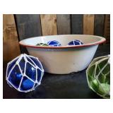 Seven Colored glass Fishnet Floats with Tea Lights inside w/ Antique Large Porcelain Wash Tub