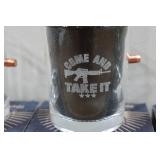 Set of Four Lucky Shot Whiskey Glasses with Embedded Bullets