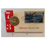 1973 Adams & Henry American Revolution Bicentennial Commemorative Medal (& stamps!) - original with First Day of Issue stamped on front