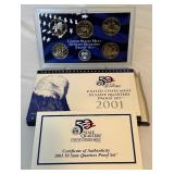2001 State Quarters Proof Set (5 coins NY, NC, RI, VT, KY) - original package with COA
