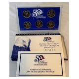 2001 State Quarters Proof Set (5 coins NY, NC, RI, VT, KY) - original package with COA