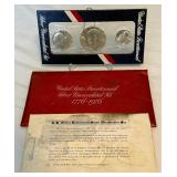 1776-1976 Bicentennial 40% SILVER Uncirculated 3 Coin Set - original package with COA, packaging shows fire damage
