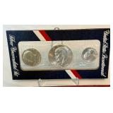 1776-1976 Bicentennial 40% SILVER Uncirculated 3 Coin Set - original package with COA, packaging shows fire damage