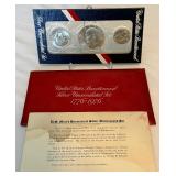 1776-1976 Bicentennial 40% SILVER Uncirculated 3 Coin Set - original package with COA, packaging shows minimal water and fire damage