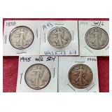 (5) Walking Liberty Half Dollars