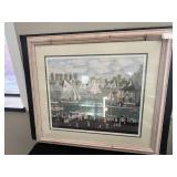 Framed Michel Delacroix Print, Signed, Sailboat Regatta Scene, 31x36 Inches