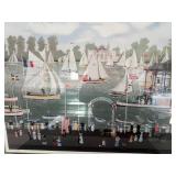 Framed Michel Delacroix Print, Signed, Sailboat Regatta Scene, 31x36 Inches