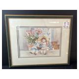 Framed Barbara Mock 1986 Print of Dolls and Flowers 17x22
